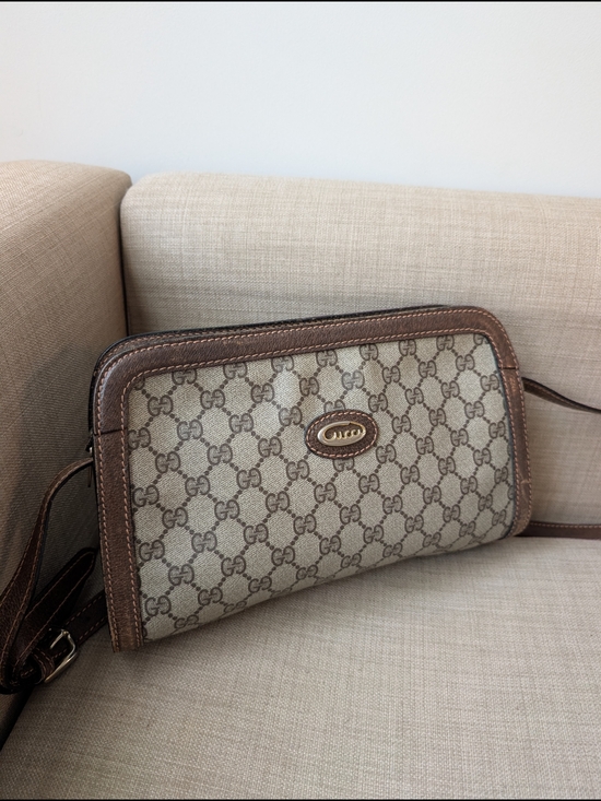 Gucci Handbags - Gucci Beige GG Canvas Crossbody with Brown Leather Trim